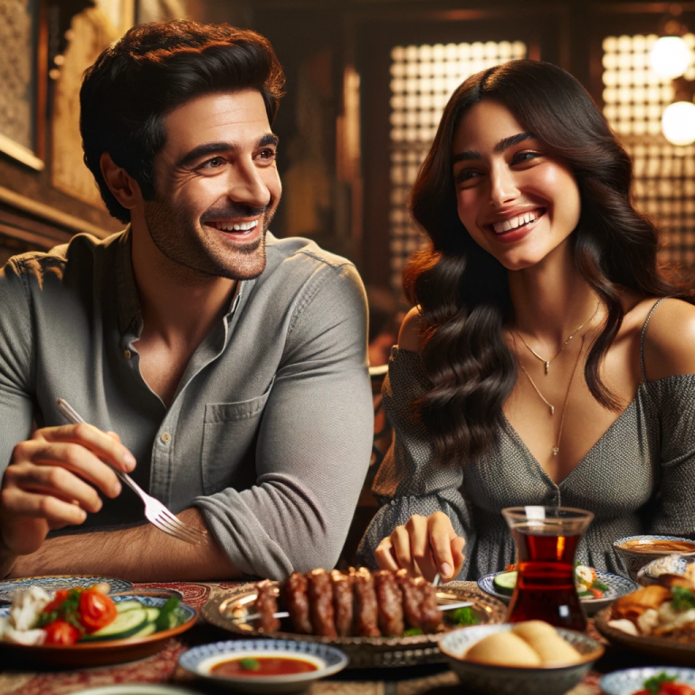Omar and Aliyah, enjoying a Turkish dinner in a warmly lit restaurant. Omar wears a casual shirt and smiles at Aliyah, who has long, dark hair and wears a casual dress, laughing softly. The table is filled with traditional Turkish dishes